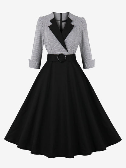 Vintage 3/4 Puff Sleeves Collared Gingham Patchwork Belted A-Line Midi Dress