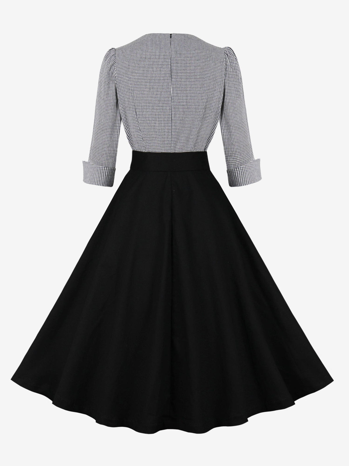 Vintage 3/4 Puff Sleeves Collared Gingham Patchwork Belted A-Line Midi Dress