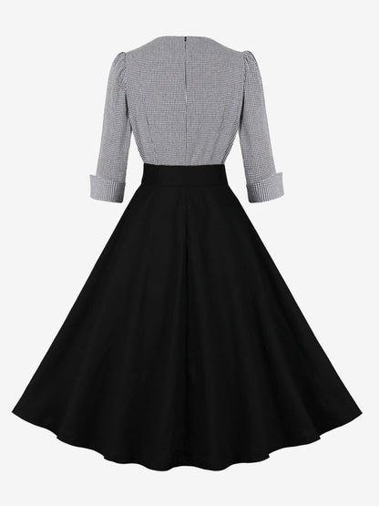 Vintage 3/4 Puff Sleeves Collared Gingham Patchwork Belted A-Line Midi Dress