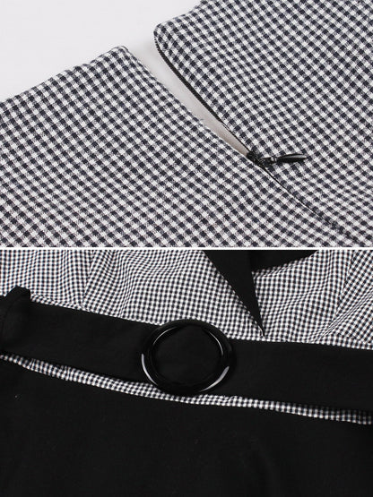 Vintage 3/4 Puff Sleeves Collared Gingham Patchwork Belted A-Line Midi Dress