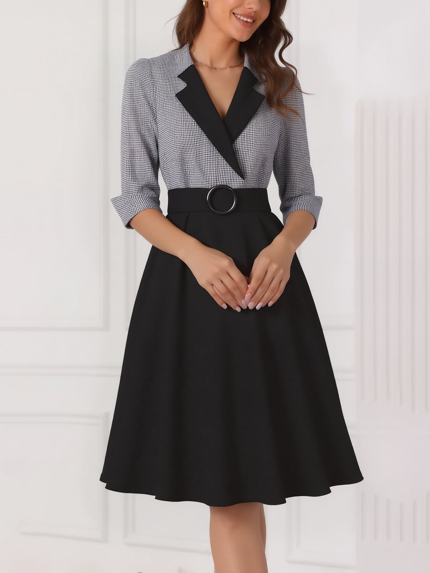 Vintage 3/4 Puff Sleeves Collared Gingham Patchwork Belted A-Line Midi Dress