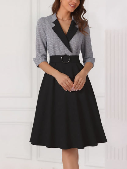 Vintage 3/4 Puff Sleeves Collared Gingham Patchwork Belted A-Line Midi Dress