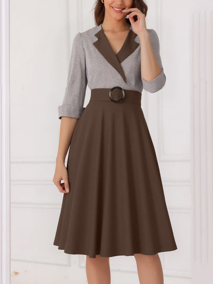 Vintage 3/4 Puff Sleeves Collared Gingham Patchwork Belted A-Line Midi Dress