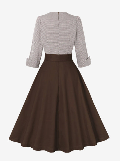 Vintage 3/4 Puff Sleeves Collared Gingham Patchwork Belted A-Line Midi Dress