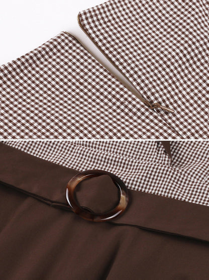 Vintage 3/4 Puff Sleeves Collared Gingham Patchwork Belted A-Line Midi Dress
