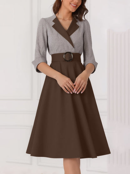 Vintage 3/4 Puff Sleeves Collared Gingham Patchwork Belted A-Line Midi Dress