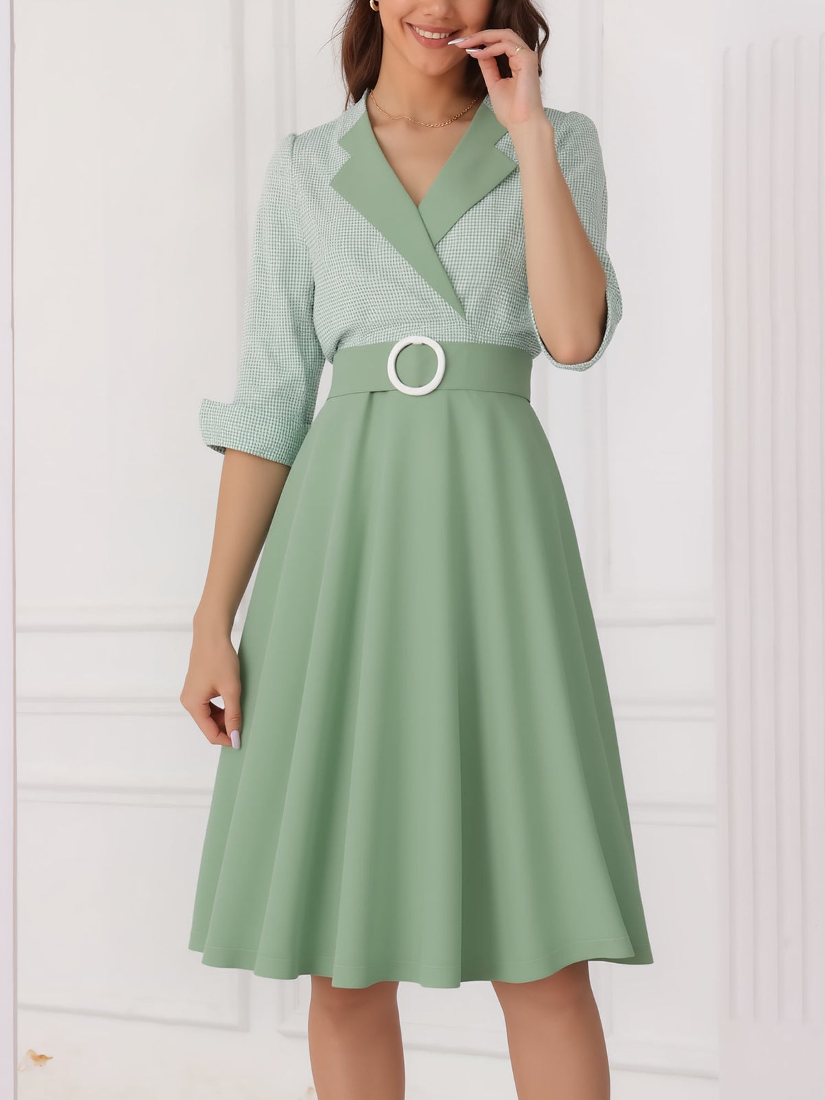 Vintage 3/4 Puff Sleeves Collared Gingham Patchwork Belted A-Line Midi Dress