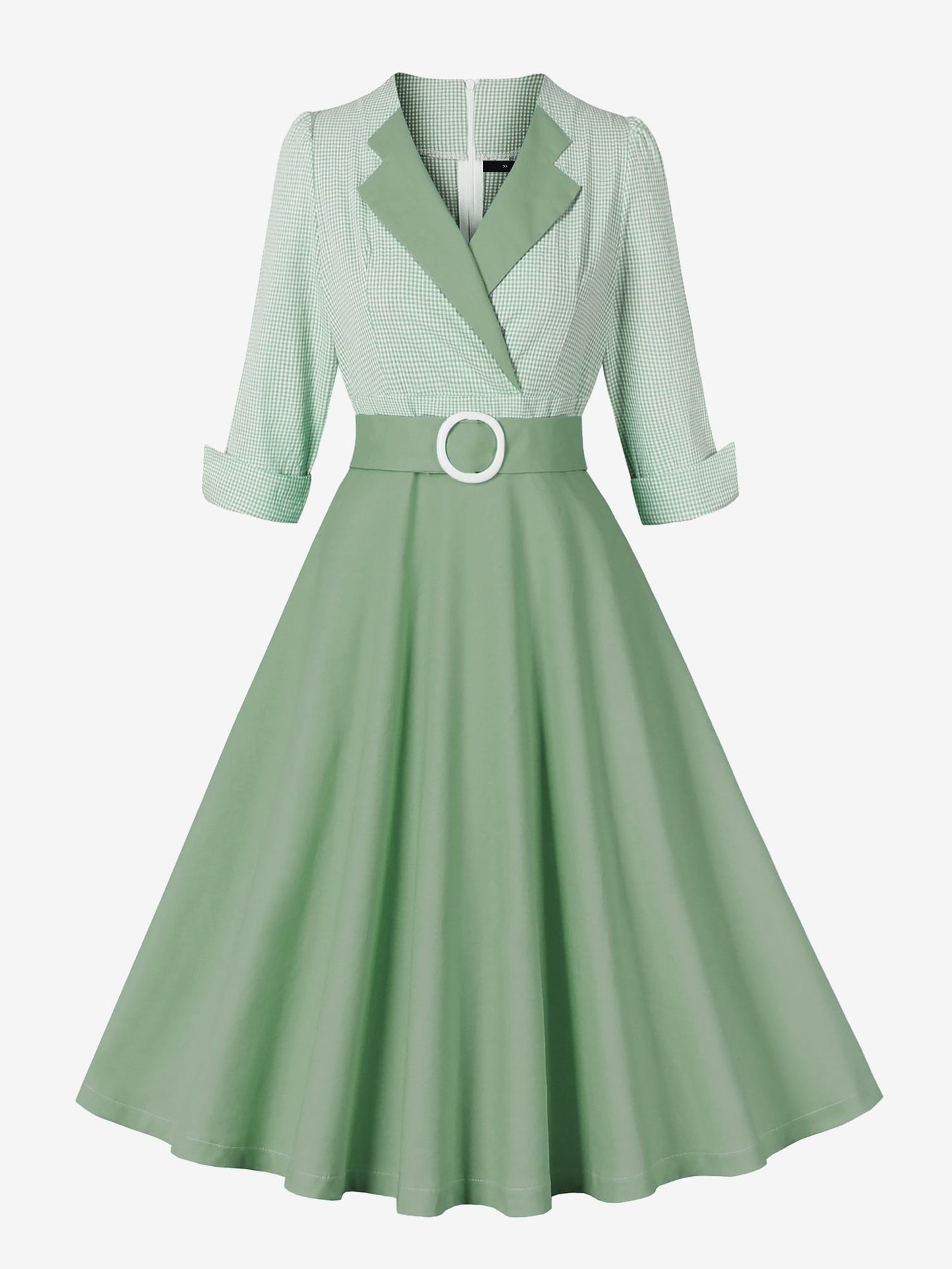 Vintage 3/4 Puff Sleeves Collared Gingham Patchwork Belted A-Line Midi Dress