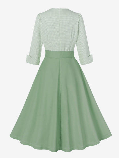 Vintage 3/4 Puff Sleeves Collared Gingham Patchwork Belted A-Line Midi Dress