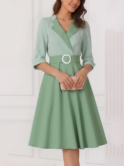 Vintage 3/4 Puff Sleeves Collared Gingham Patchwork Belted A-Line Midi Dress