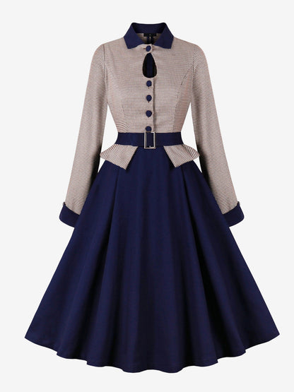 Contrast Color Keyhole Houndstooth Long Sleeve Retro Swing Dress