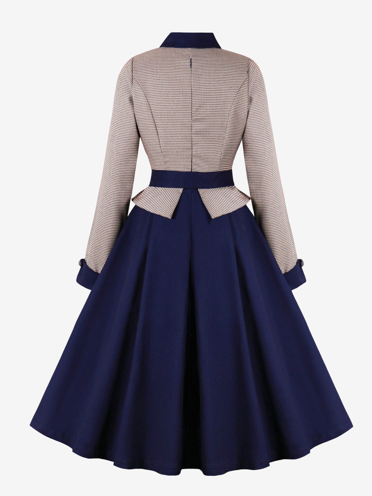 Contrast Color Keyhole Houndstooth Long Sleeve Retro Swing Dress