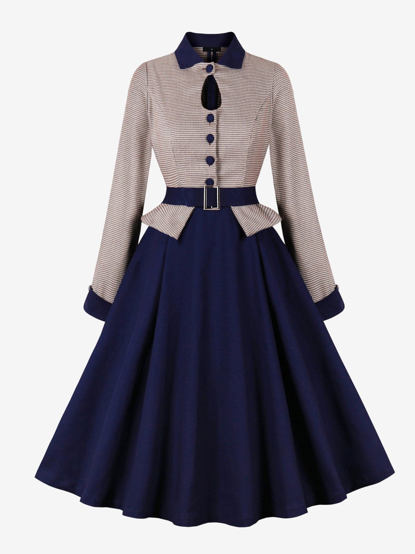 Contrast Color Keyhole Houndstooth Long Sleeve Retro Swing Dress
