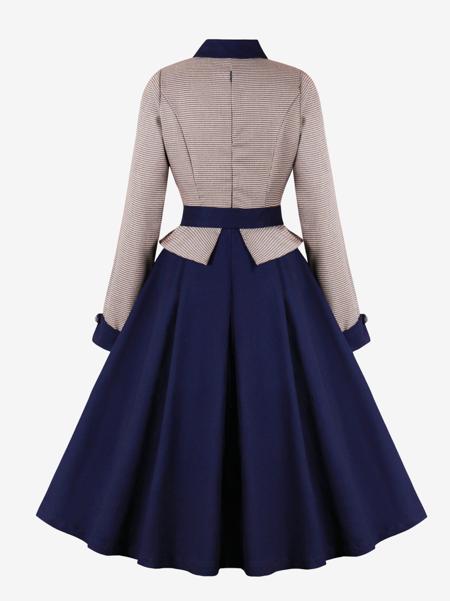 Contrast Color Keyhole Houndstooth Long Sleeve Retro Swing Dress