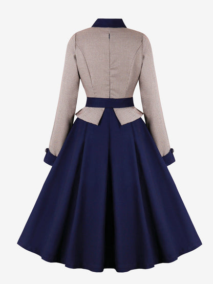 Contrast Color Keyhole Houndstooth Long Sleeve Retro Swing Dress