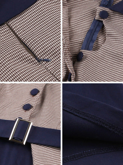 Contrast Color Keyhole Houndstooth Long Sleeve Retro Swing Dress