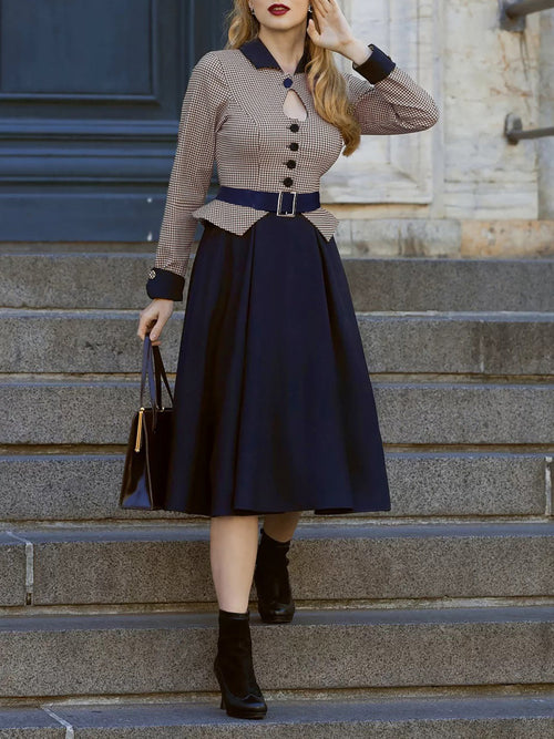 Contrast Color Keyhole Houndstooth Long Sleeve Retro Swing Dress