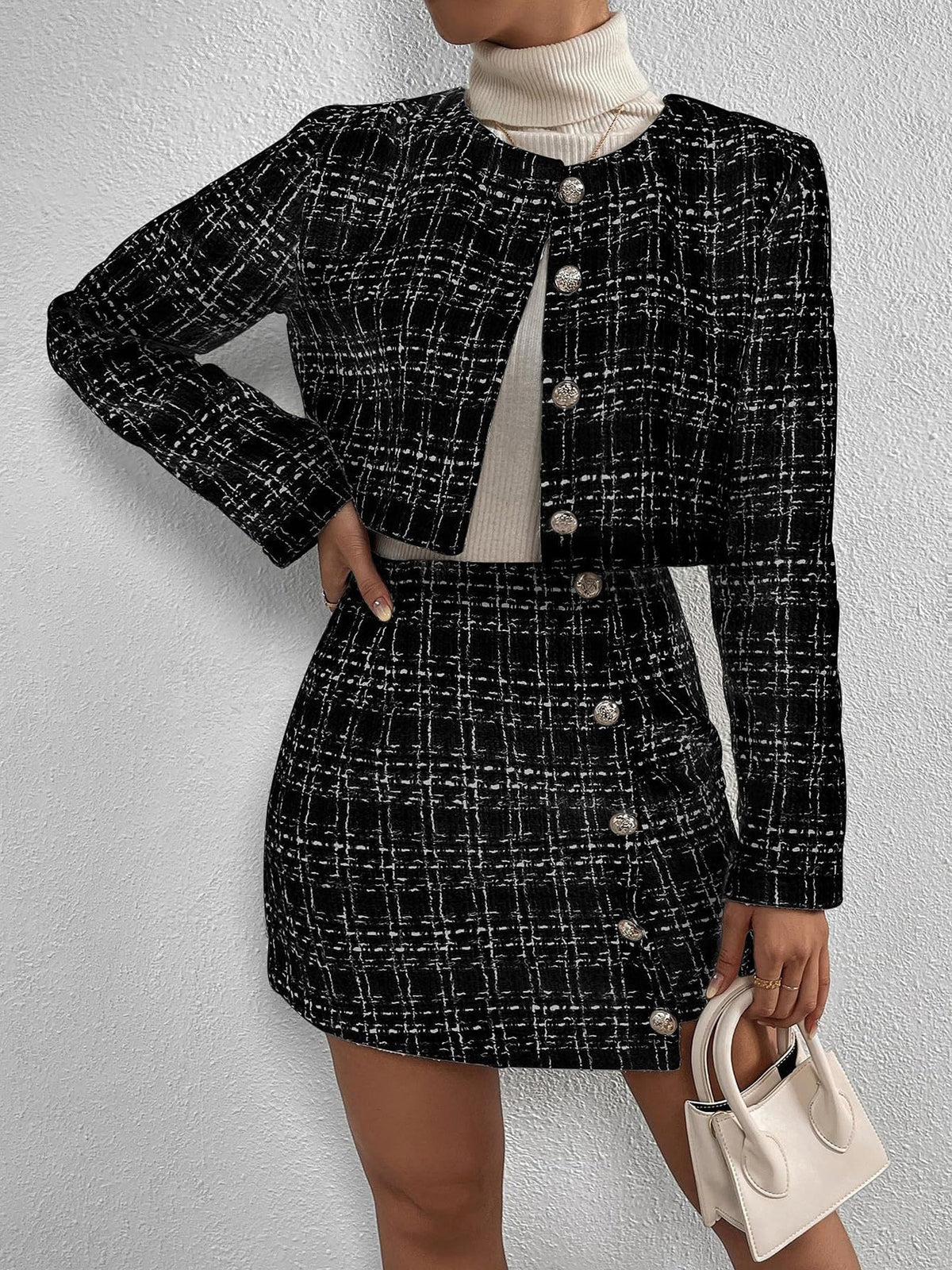 2 Pieces Plaid Tweeed Cropped Jacket & Mini Button Decor Skirt Set