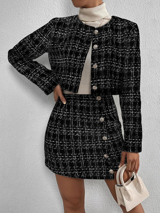2 Pieces Plaid Tweeed Cropped Jacket & Mini Button Decor Skirt Set