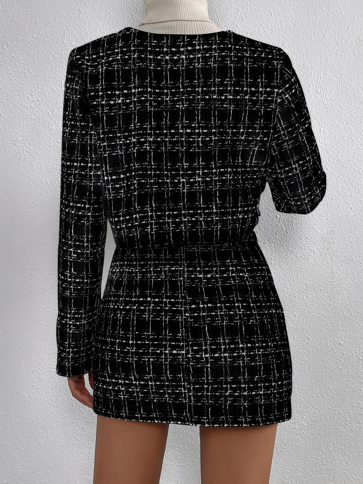 2 Pieces Plaid Tweeed Cropped Jacket & Mini Button Decor Skirt Set