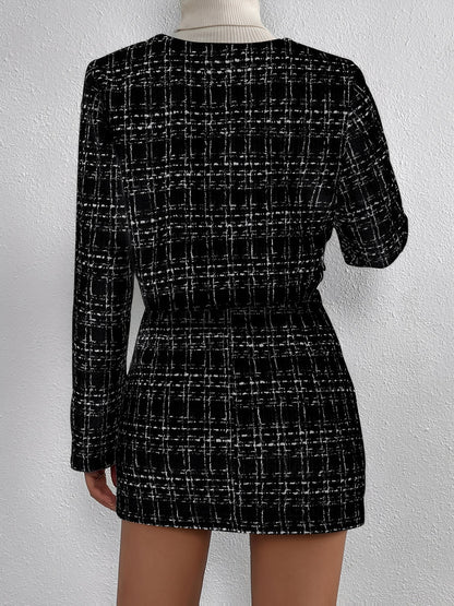 2 Pieces Plaid Tweeed Cropped Jacket & Mini Button Decor Skirt Set