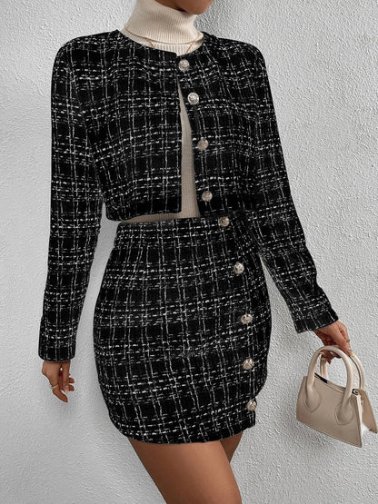 2 Pieces Plaid Tweeed Cropped Jacket & Mini Button Decor Skirt Set
