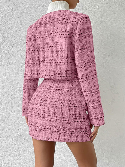 2 Pieces Plaid Tweeed Cropped Jacket & Mini Button Decor Skirt Set