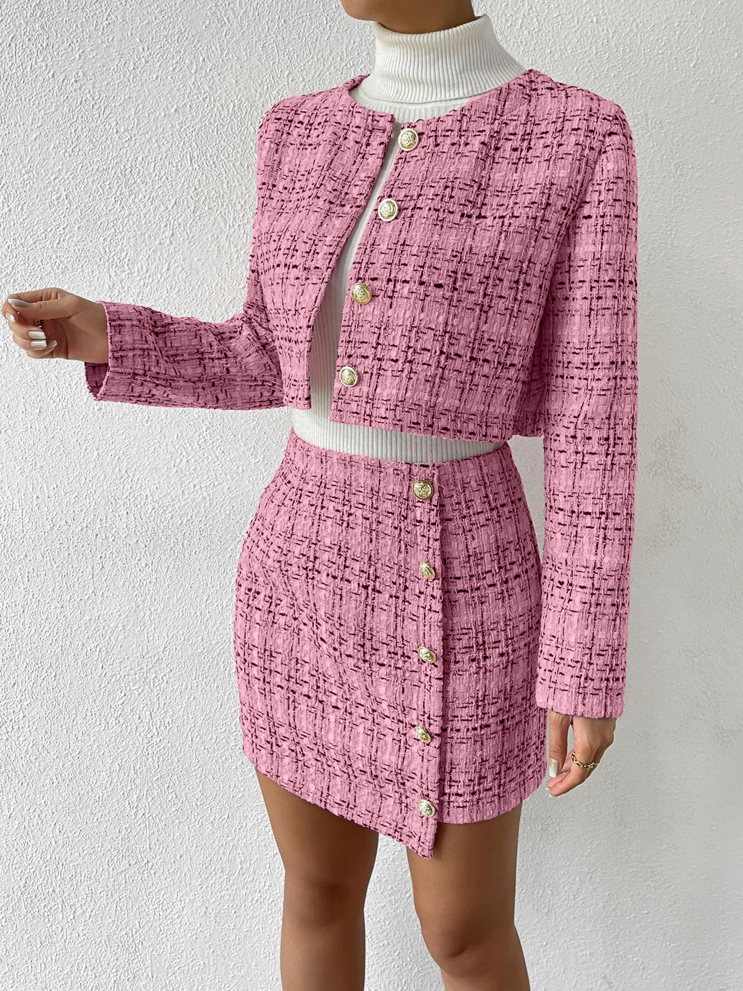 2 Pieces Plaid Tweeed Cropped Jacket & Mini Button Decor Skirt Set