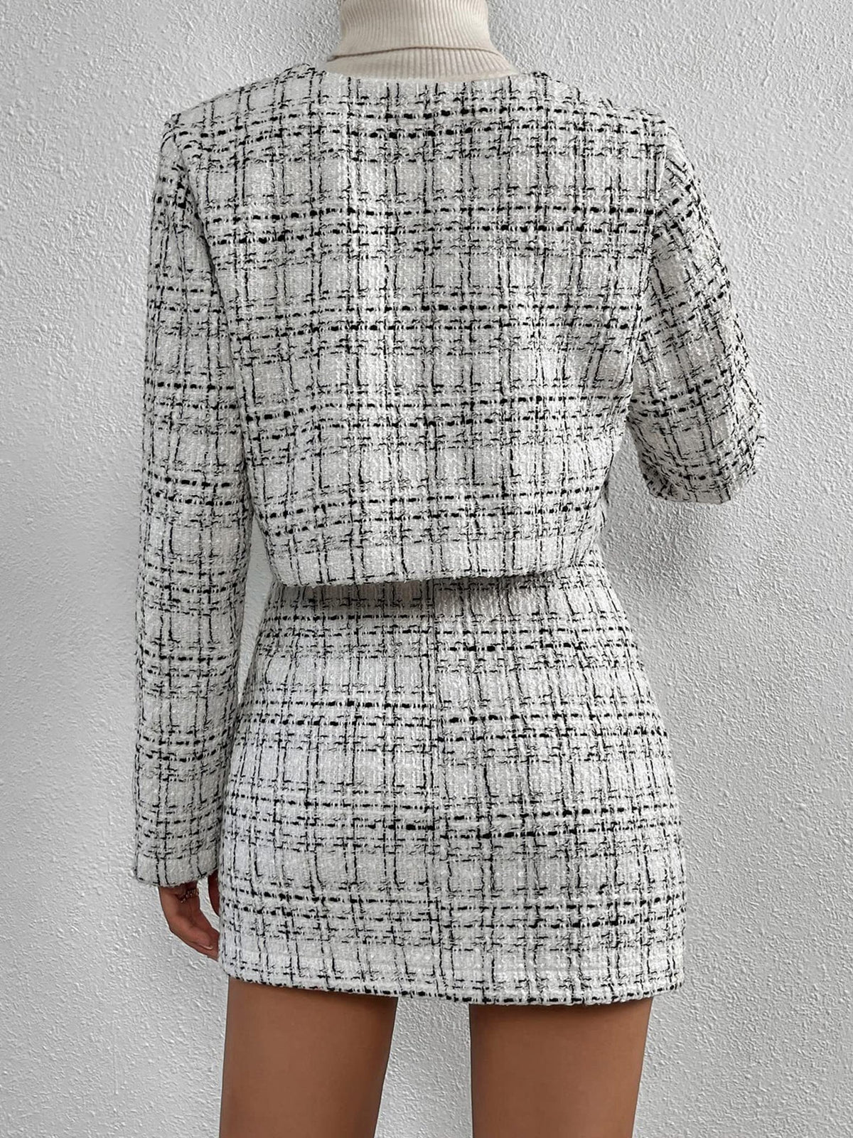2 Pieces Plaid Tweeed Cropped Jacket & Mini Button Decor Skirt Set