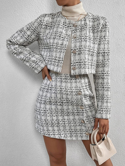 2 Pieces Plaid Tweeed Cropped Jacket & Mini Button Decor Skirt Set