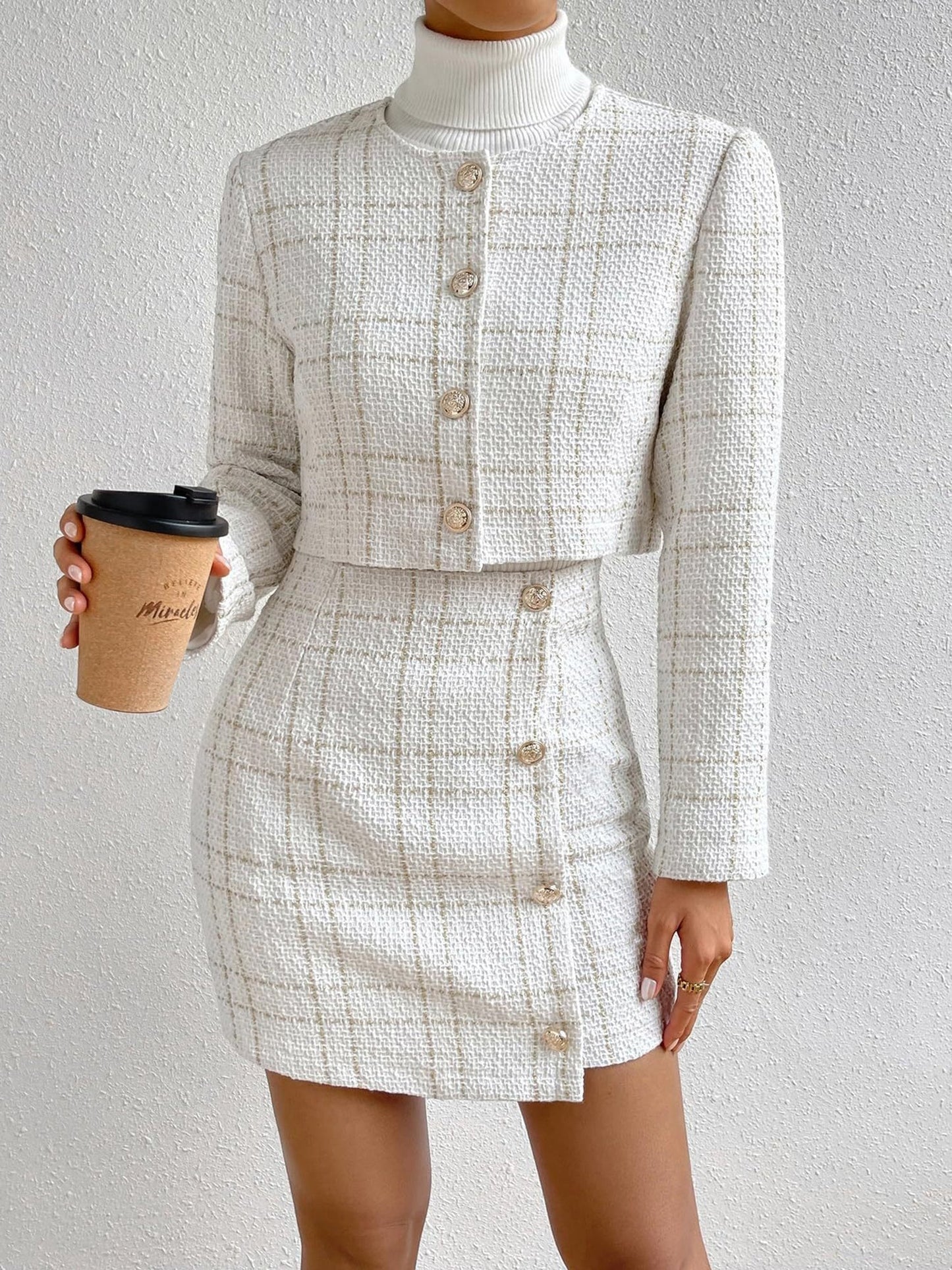 2 Pieces Plaid Tweeed Cropped Jacket & Mini Button Decor Skirt Set