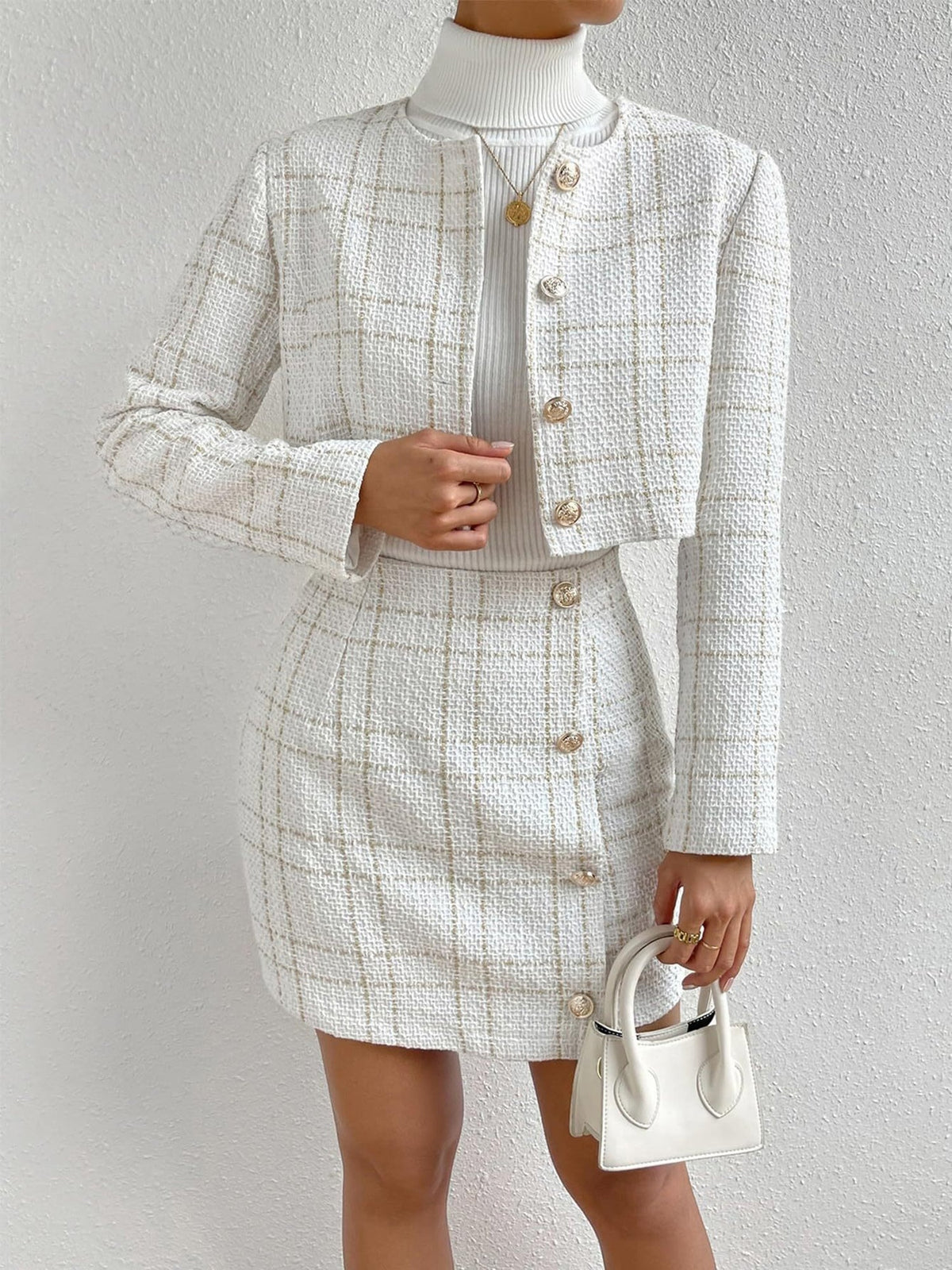 2 Pieces Plaid Tweeed Cropped Jacket & Mini Button Decor Skirt Set