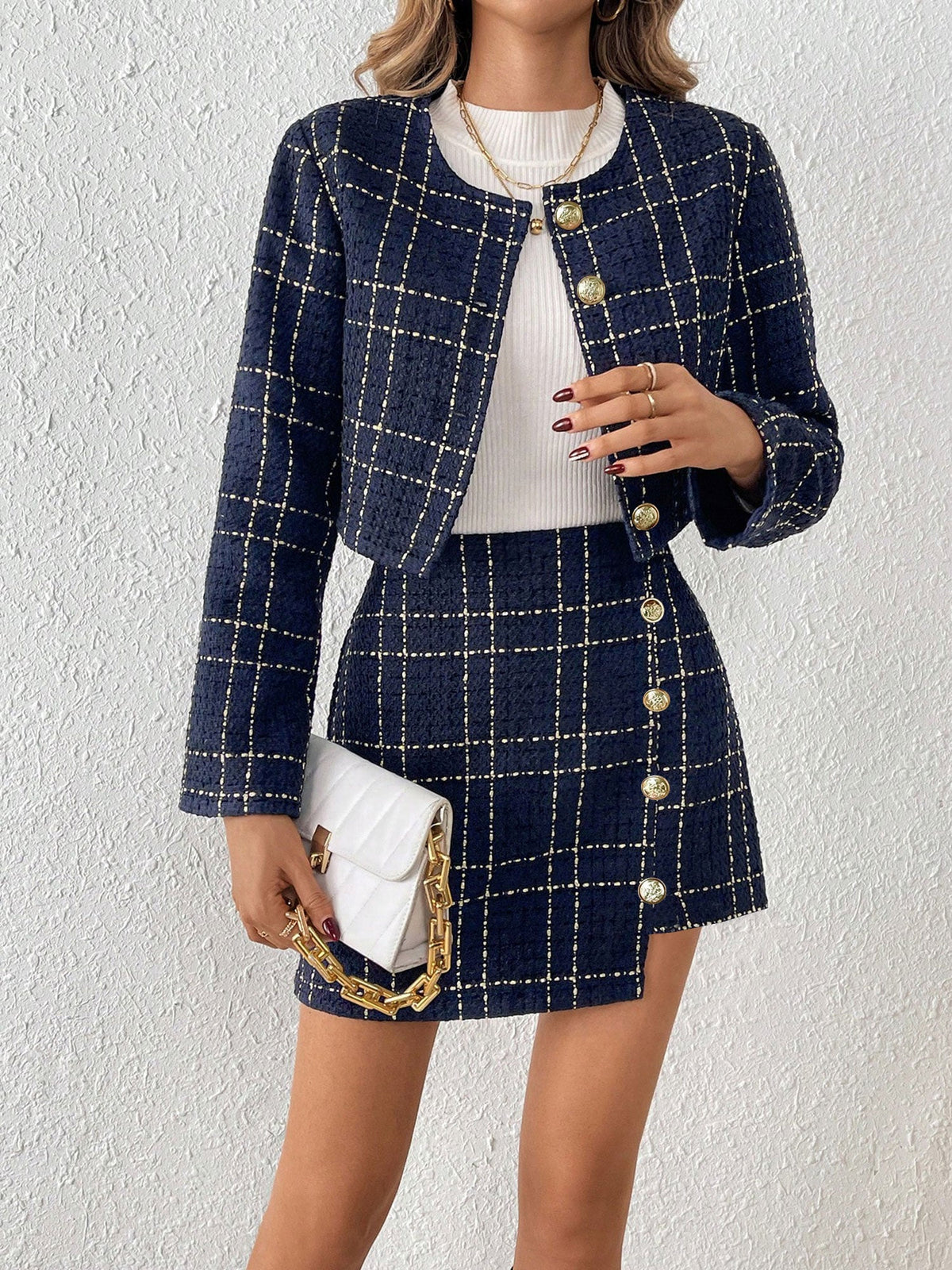 2 Pieces Plaid Tweeed Cropped Jacket & Mini Button Decor Skirt Set