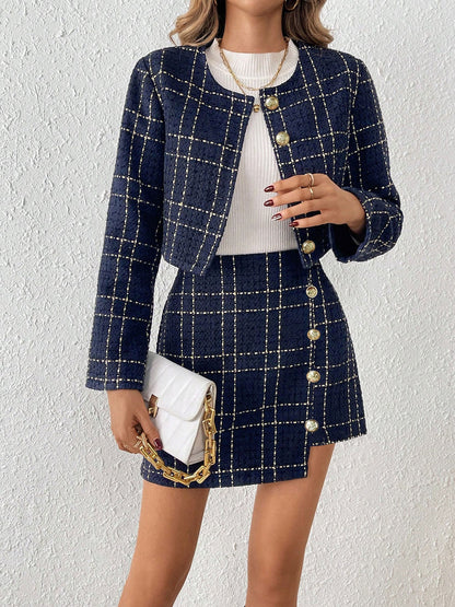2 Pieces Plaid Tweeed Cropped Jacket & Mini Button Decor Skirt Set