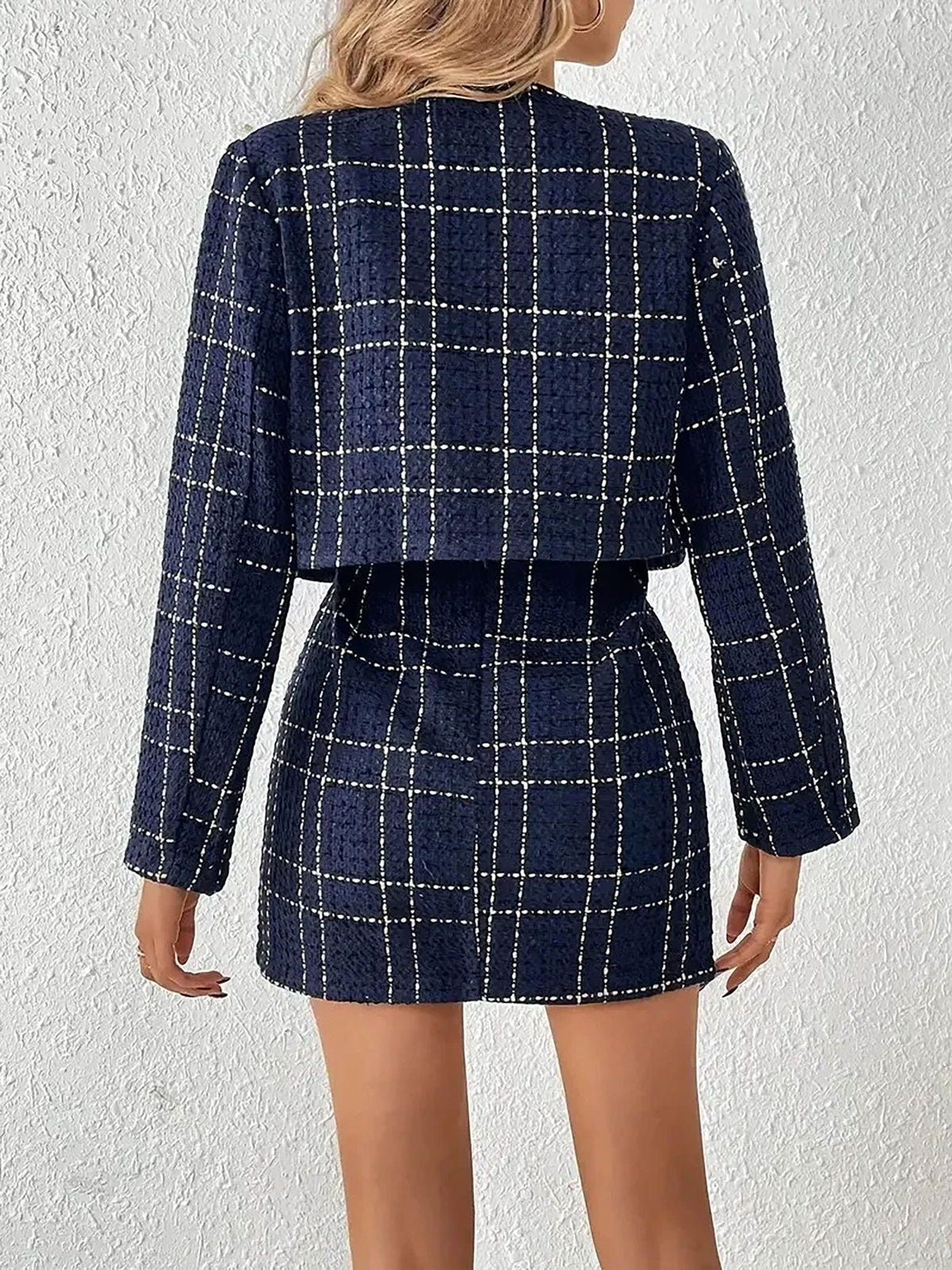 2 Pieces Plaid Tweeed Cropped Jacket & Mini Button Decor Skirt Set