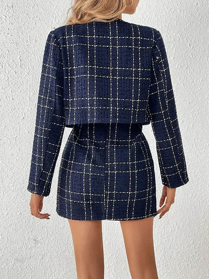 2 Pieces Plaid Tweeed Cropped Jacket & Mini Button Decor Skirt Set