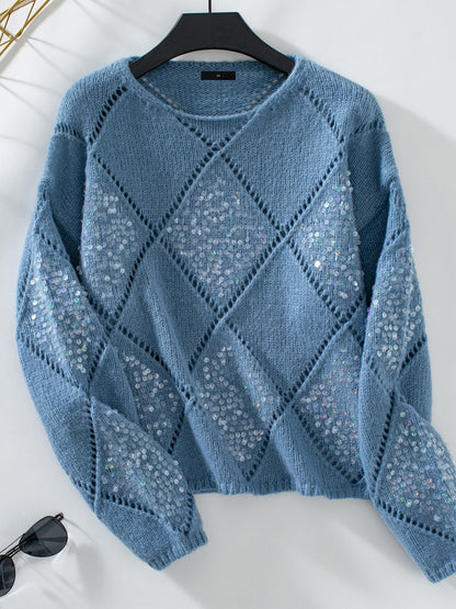 Hollow Sequin Long Sleeves Knitted Pullover Sweater