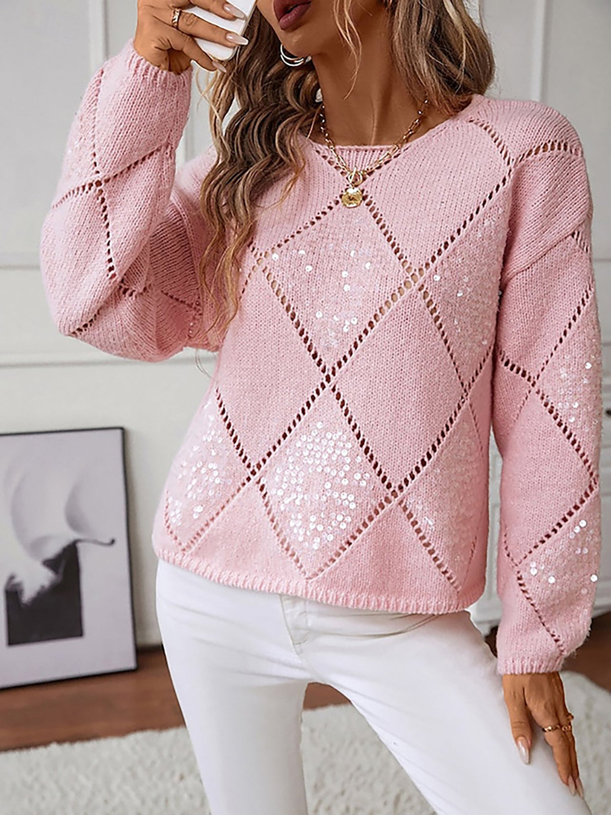 Hollow Sequin Long Sleeves Knitted Pullover Sweater