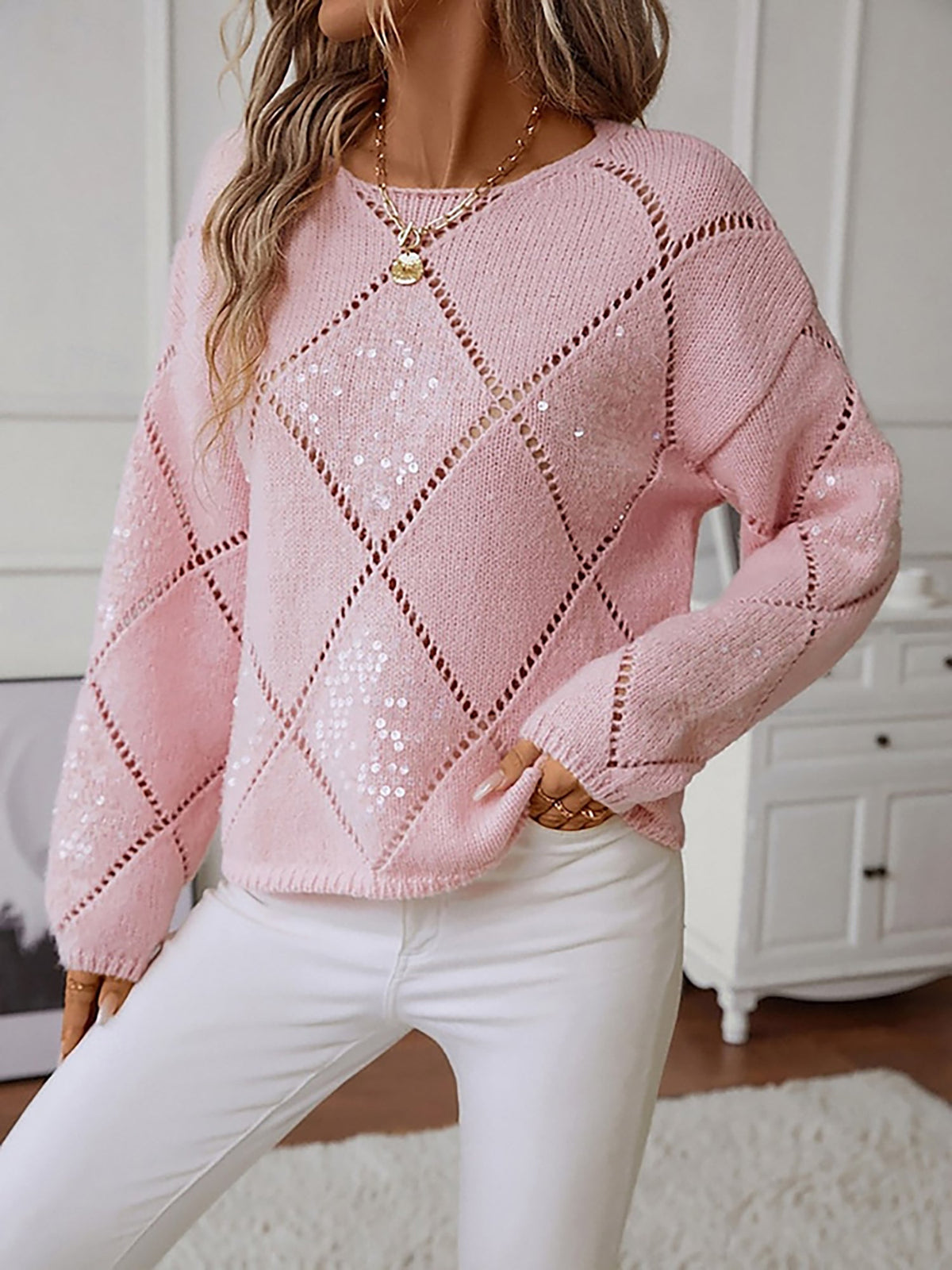 Hollow Sequin Long Sleeves Knitted Pullover Sweater