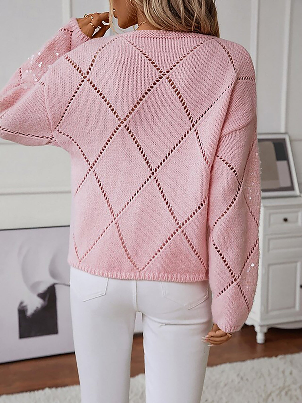 Hollow Sequin Long Sleeves Knitted Pullover Sweater