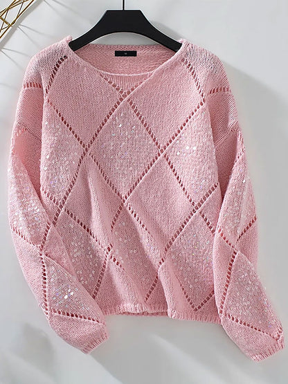 Hollow Sequin Long Sleeves Knitted Pullover Sweater