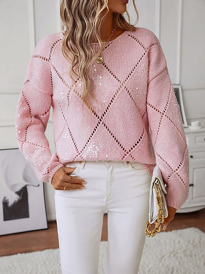 Hollow Sequin Long Sleeves Knitted Pullover Sweater
