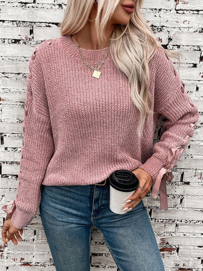 Crew Neck Lace-Up Bow Long Sleeves Sweater