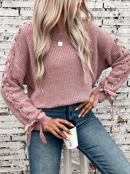 Crew Neck Lace-Up Bow Long Sleeves Sweater