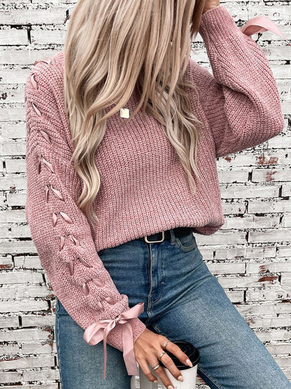 Crew Neck Lace-Up Bow Long Sleeves Sweater