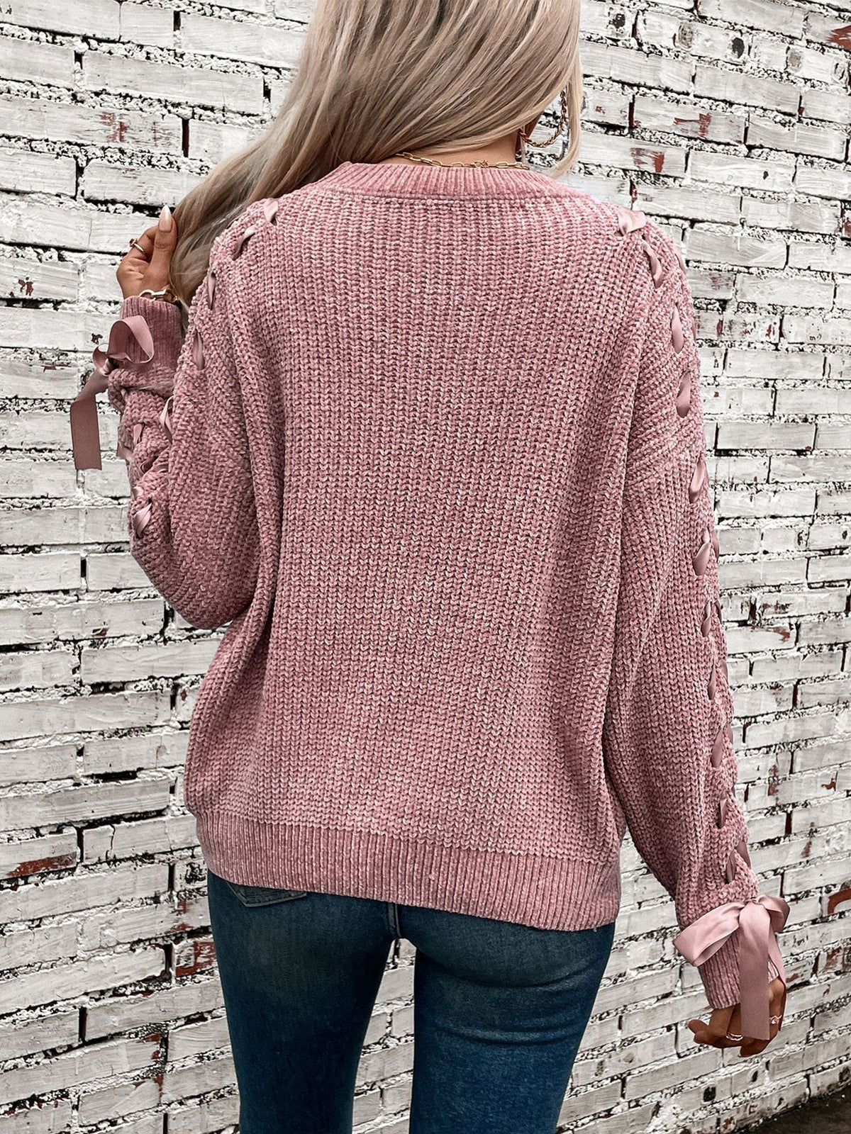 Crew Neck Lace-Up Bow Long Sleeves Sweater