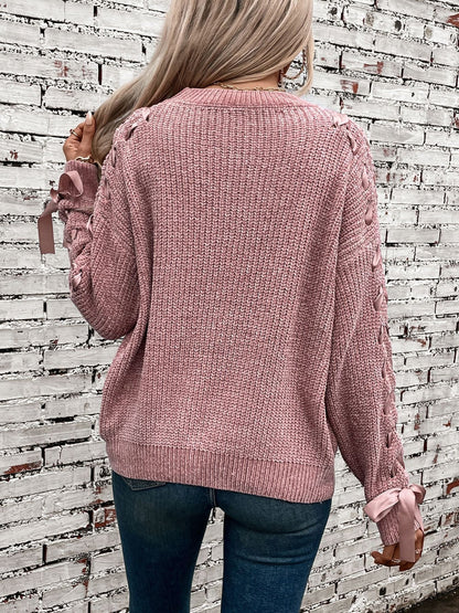 Crew Neck Lace-Up Bow Long Sleeves Sweater