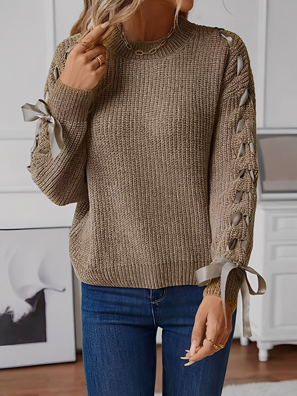 Crew Neck Lace-Up Bow Long Sleeves Sweater