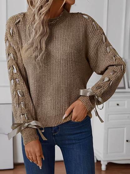 Crew Neck Lace-Up Bow Long Sleeves Sweater