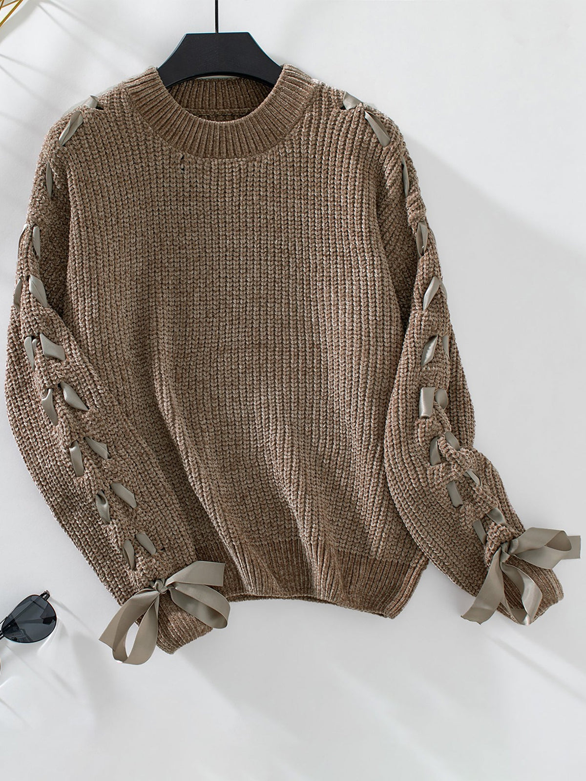 Crew Neck Lace-Up Bow Long Sleeves Sweater